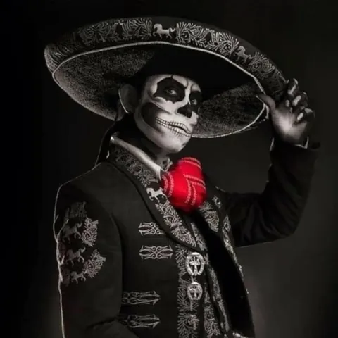El Patron's charro in calavera face paint, tipping an embroidered sombrero