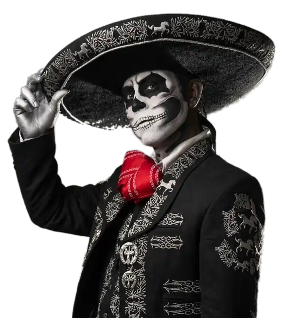 El charro de El Patron con la cara pintada de calavera, levantando un sombrero bordado